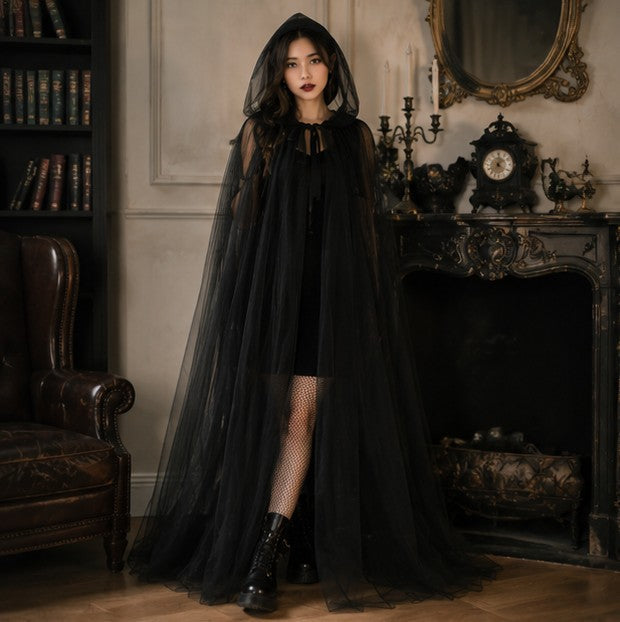 Mesh Tulle Hooded Cloak with Double Layer Hood and Neck Ties for Costumes All Vera Mart