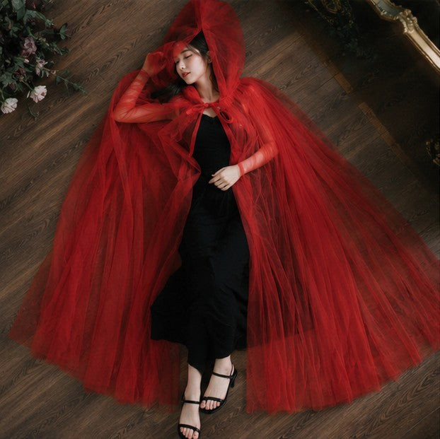 Mesh Tulle Hooded Cloak with Double Layer Hood and Neck Ties for Costumes All Vera Mart