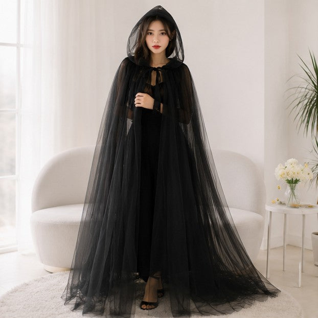 Mesh Tulle Hooded Cloak with Double Layer Hood and Neck Ties for Costumes All Vera Mart
