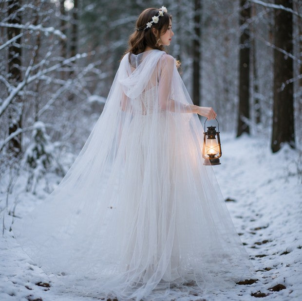 Mesh Tulle Hooded Cloak with Double Layer Hood and Neck Ties for Costumes All Vera Mart