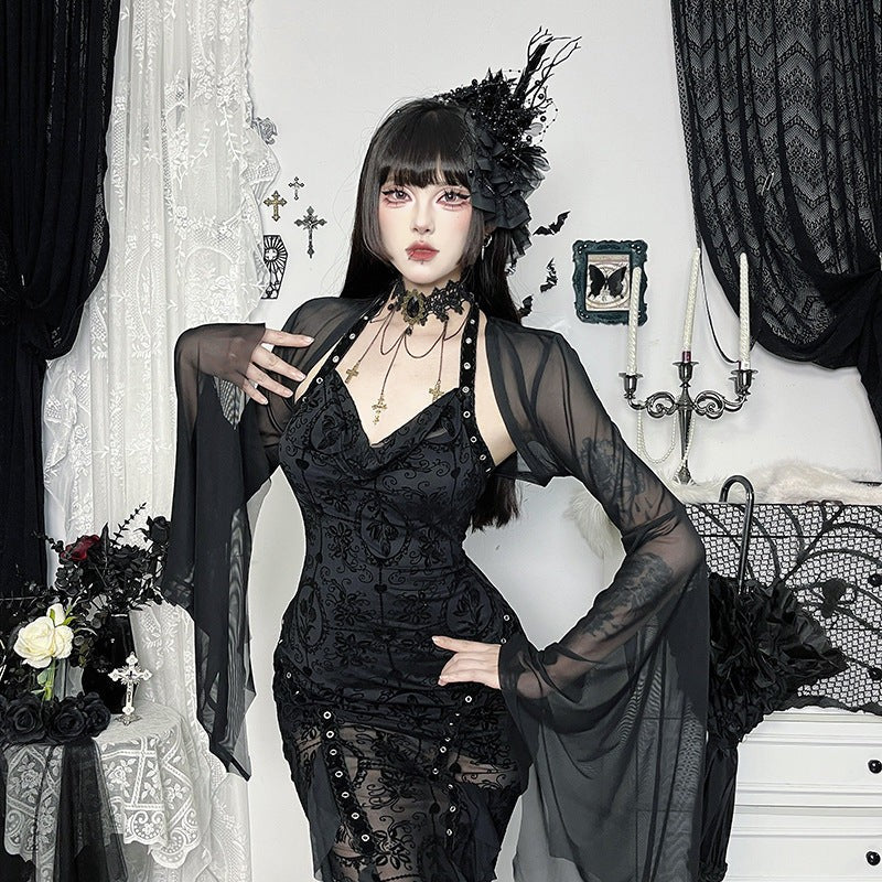 Black Mesh Crop Top with Bat Sleeves for Gothic Costume Layering All Vera Mart