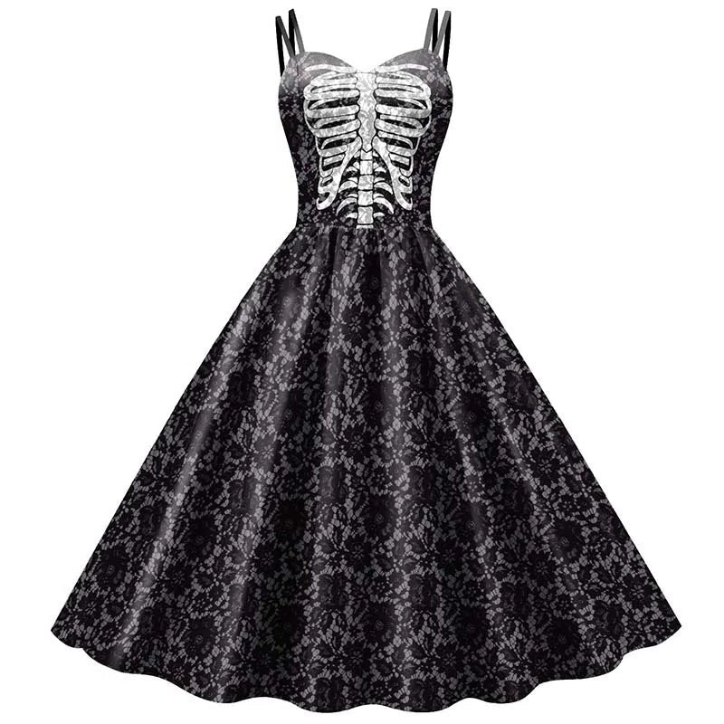Skeleton Rose Print Dress with Fit and Flare Silhouette for Gothic Events All Vera Mart