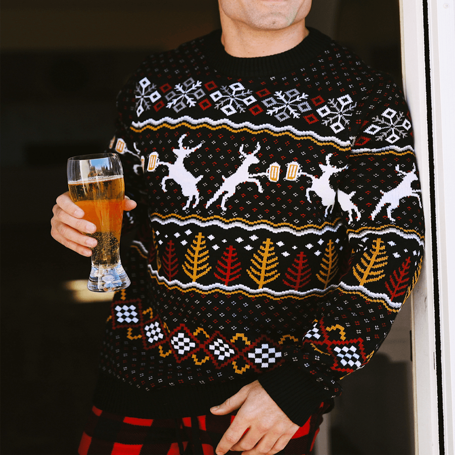 Mens Deer and Beer Ugly Christmas Sweater with Trees and Snowflake Pattern