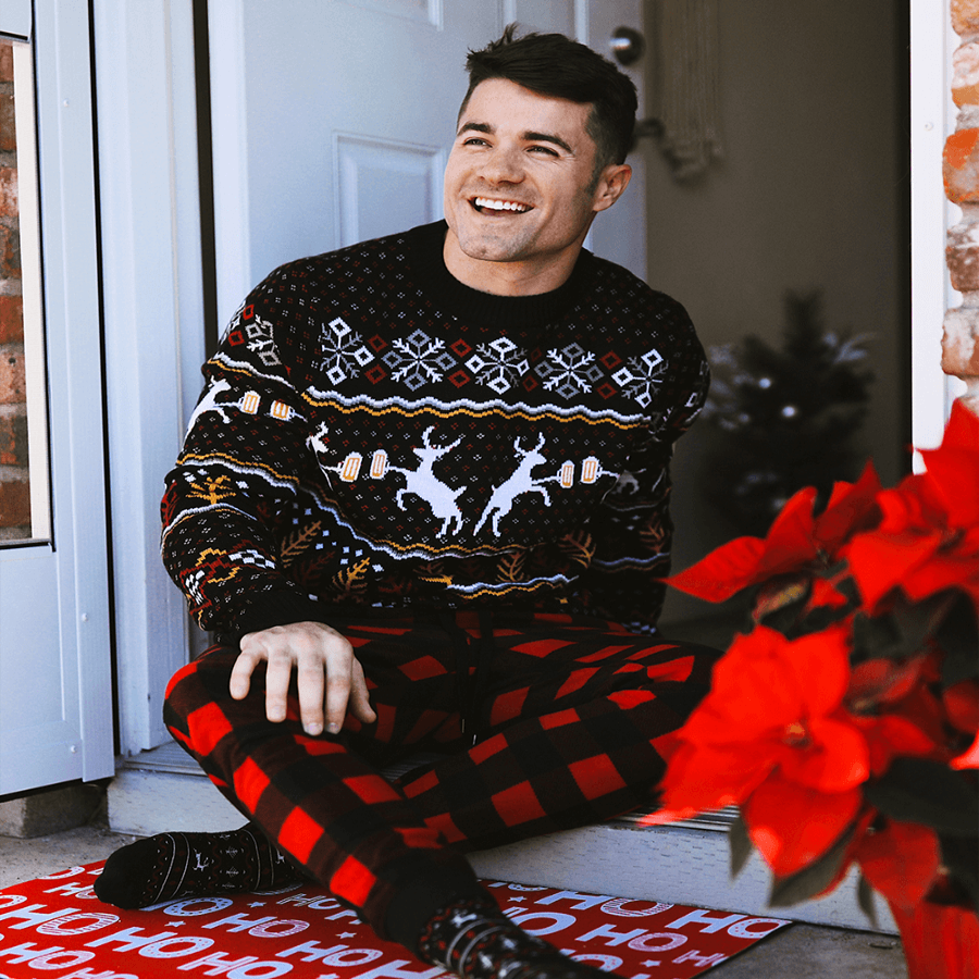 Mens Deer and Beer Ugly Christmas Sweater with Trees and Snowflake Pattern