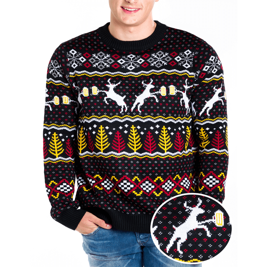 Mens Deer and Beer Ugly Christmas Sweater with Trees and Snowflake Pattern
