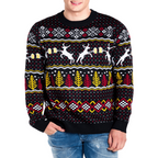 Mens Deer and Beer Ugly Christmas Sweater with Trees and Snowflake Pattern