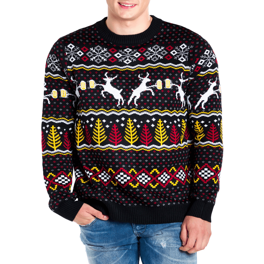 Mens Deer and Beer Ugly Christmas Sweater with Trees and Snowflake Pattern