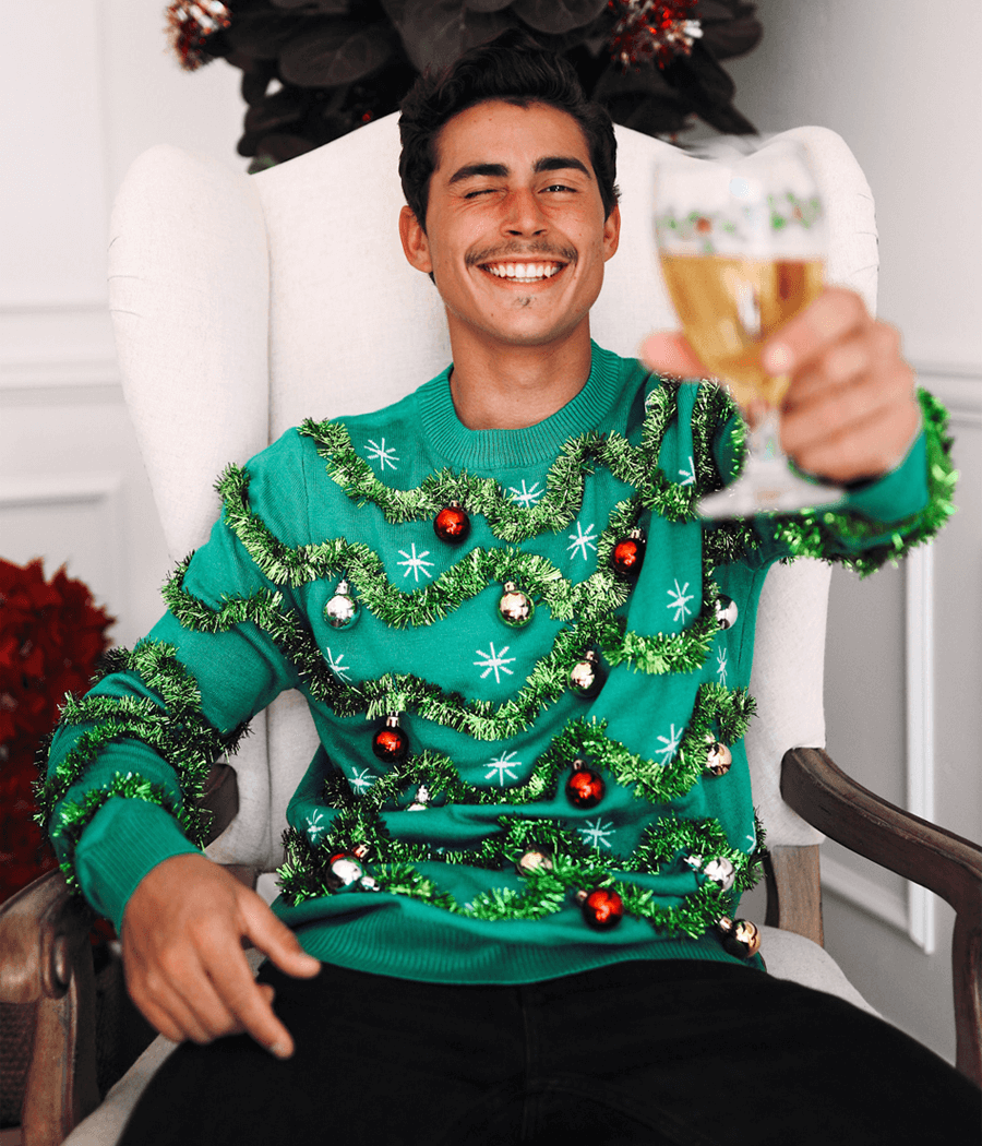 Mens Gaudy Garland Christmas Sweater with Shiny Baubles and Tinsel Trim