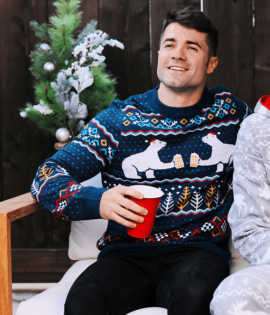 Mens Polar Bear Party Ugly Christmas Sweater with Fair Isle Pattern and Santa Hats