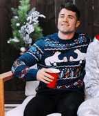Mens Polar Bear Party Ugly Christmas Sweater with Fair Isle Pattern and Santa Hats