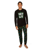 Mens Christmas Lights Pajama Set with Get Lit Slogan Top and Printed Pants