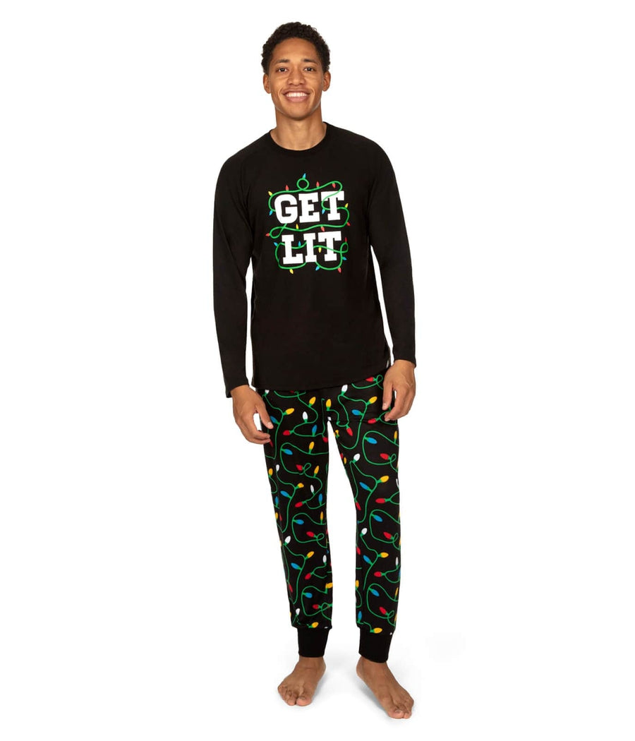 Mens Christmas Lights Pajama Set with Get Lit Slogan Top and Printed Pants