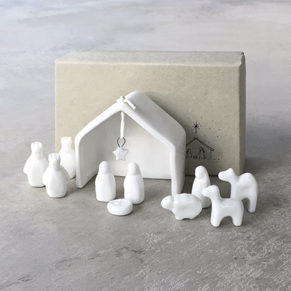 Nativity Scene Porcelain Set with Nine Figures and Stable Frame, White All Vera Mart