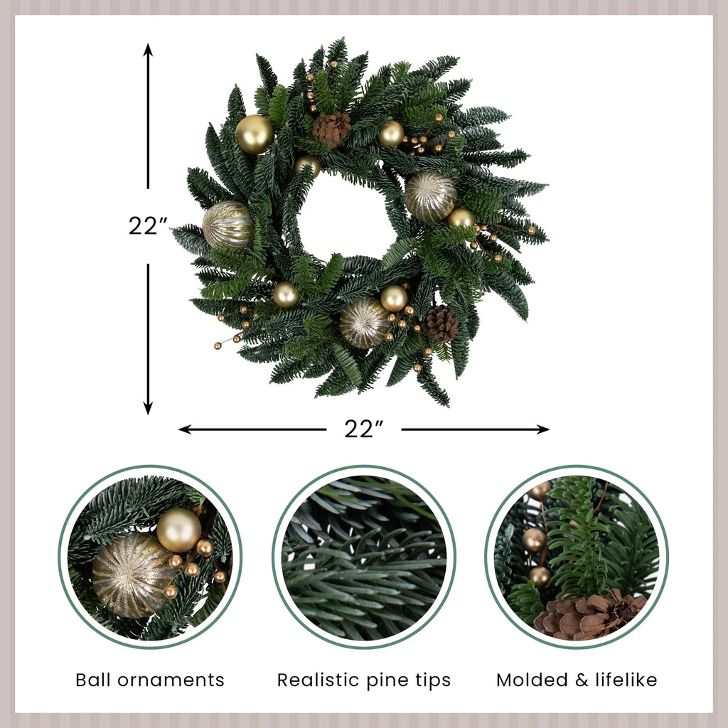 Christmas Wreath 22 Inch with Shatterproof Gold Ornaments and Real Pine Cones All Vera Mart