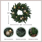 Christmas Wreath 22 Inch with Shatterproof Gold Ornaments and Real Pine Cones All Vera Mart