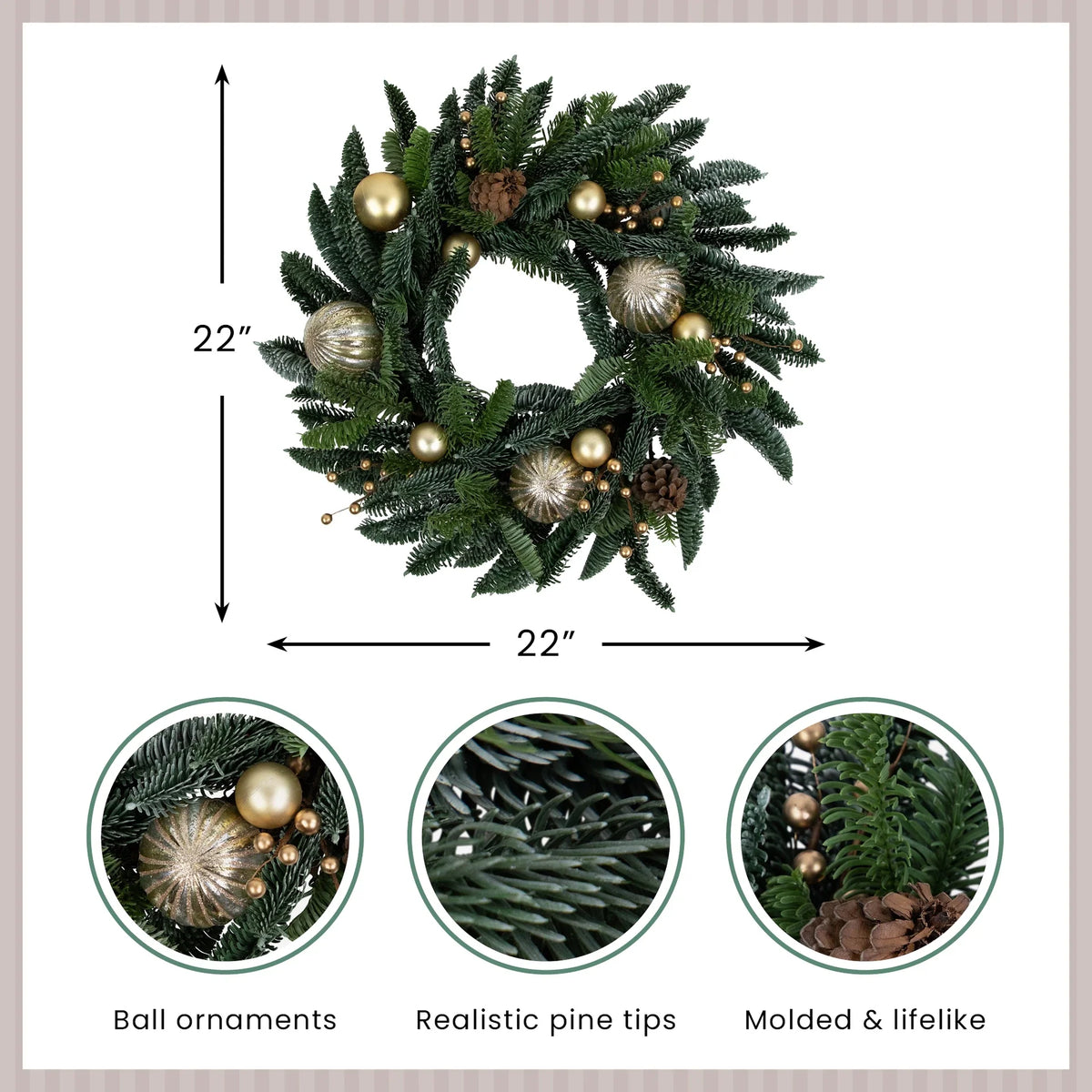 Christmas Wreath 22 Inch with Shatterproof Gold Ornaments and Real Pine Cones All Vera Mart