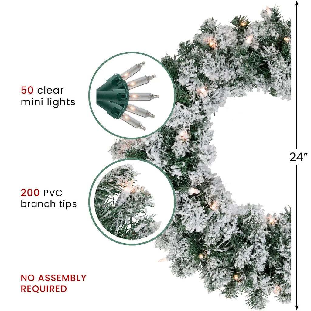 Pre Lit White Christmas Wreath with 50 Clear Mini Lights and 200 Branch Tips, 24 Inch Diameter All Vera Mart