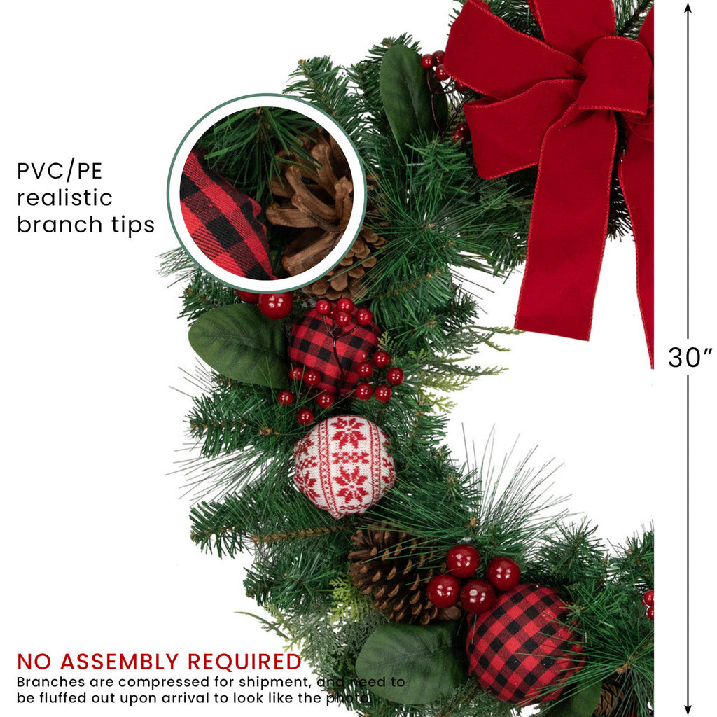 Red Bow Christmas Wreath with Plaid and Snowflake Ornaments 30 Inch Unlit