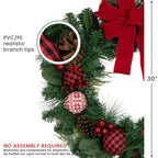 Red Bow Christmas Wreath with Plaid and Snowflake Ornaments 30 Inch Unlit
