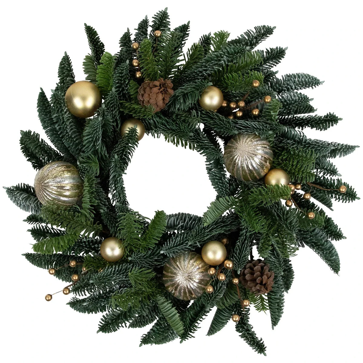 Christmas Wreath 22 Inch with Shatterproof Gold Ornaments and Real Pine Cones All Vera Mart