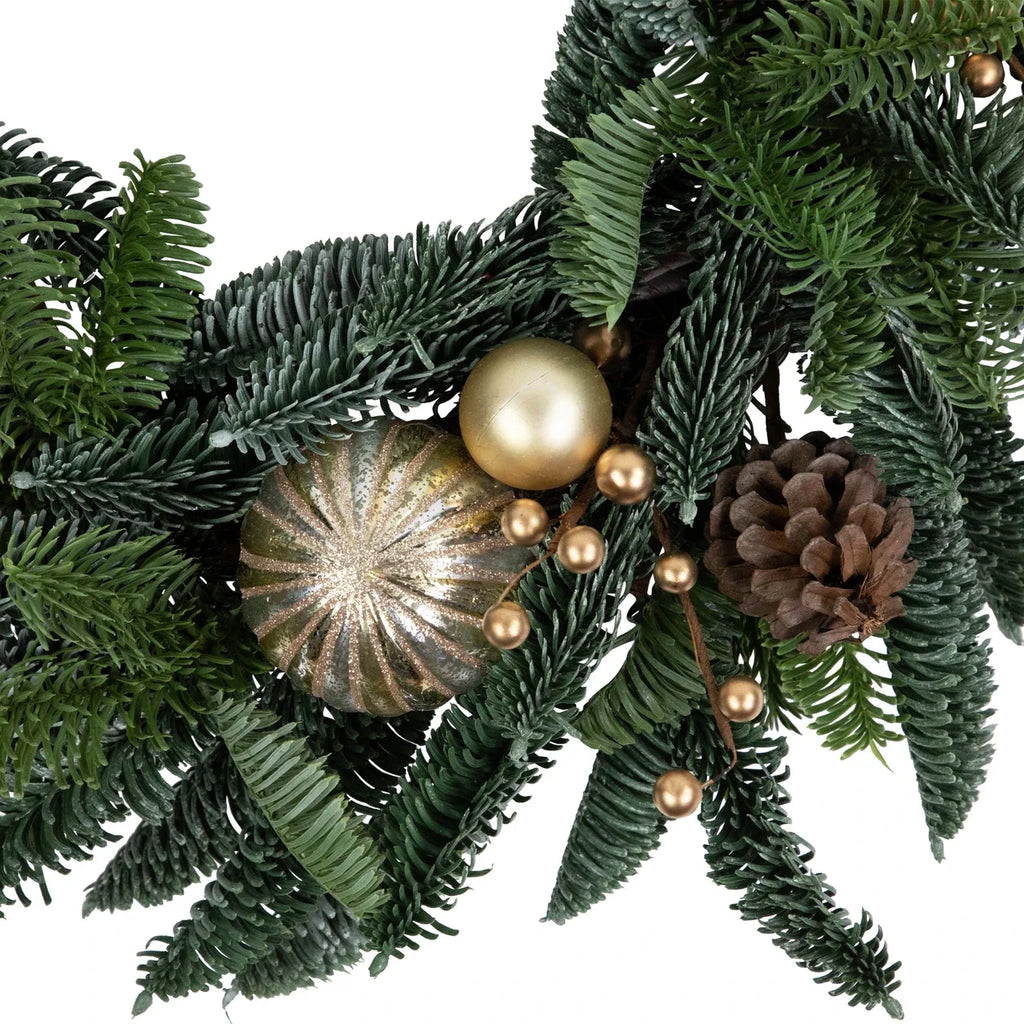 Christmas Wreath 22 Inch with Shatterproof Gold Ornaments and Real Pine Cones All Vera Mart