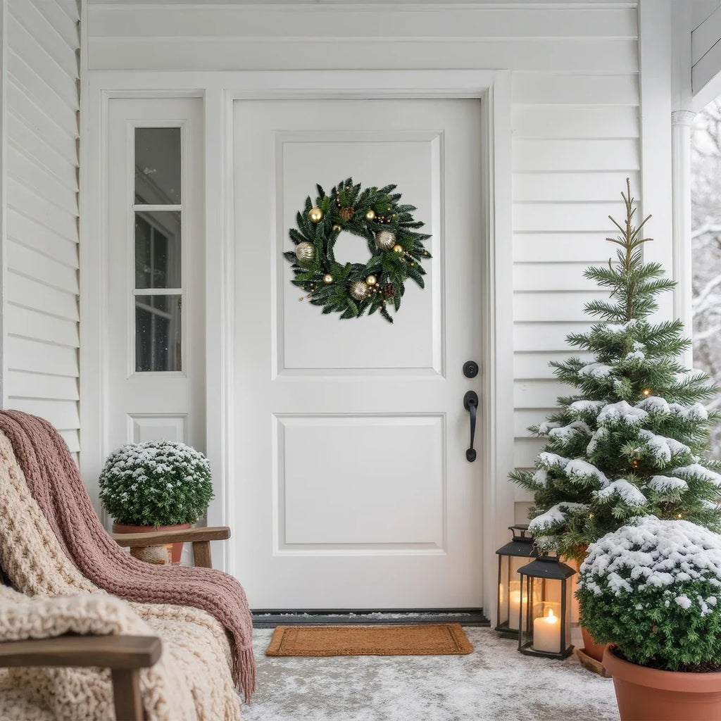 Christmas Wreath 22 Inch with Shatterproof Gold Ornaments and Real Pine Cones All Vera Mart