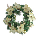 Pre Decorated Holiday Wreath 24 Inch with Gold Ornaments and Red Poinsettias, Pinecones All Vera Mart