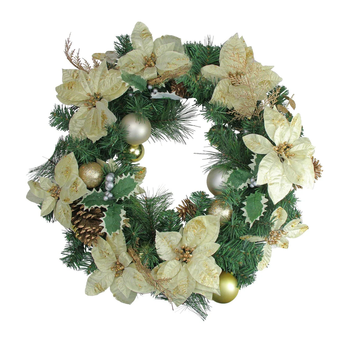 Pre Decorated Holiday Wreath 24 Inch with Gold Ornaments and Red Poinsettias, Pinecones All Vera Mart