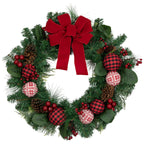 Red Bow Christmas Wreath with Plaid and Snowflake Ornaments 30 Inch Unlit