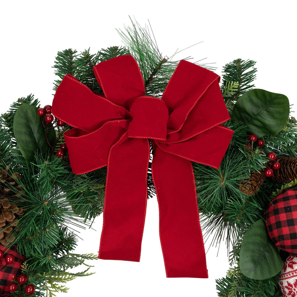Red Bow Christmas Wreath with Plaid and Snowflake Ornaments 30 Inch Unlit