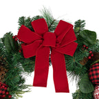Red Bow Christmas Wreath with Plaid and Snowflake Ornaments 30 Inch Unlit