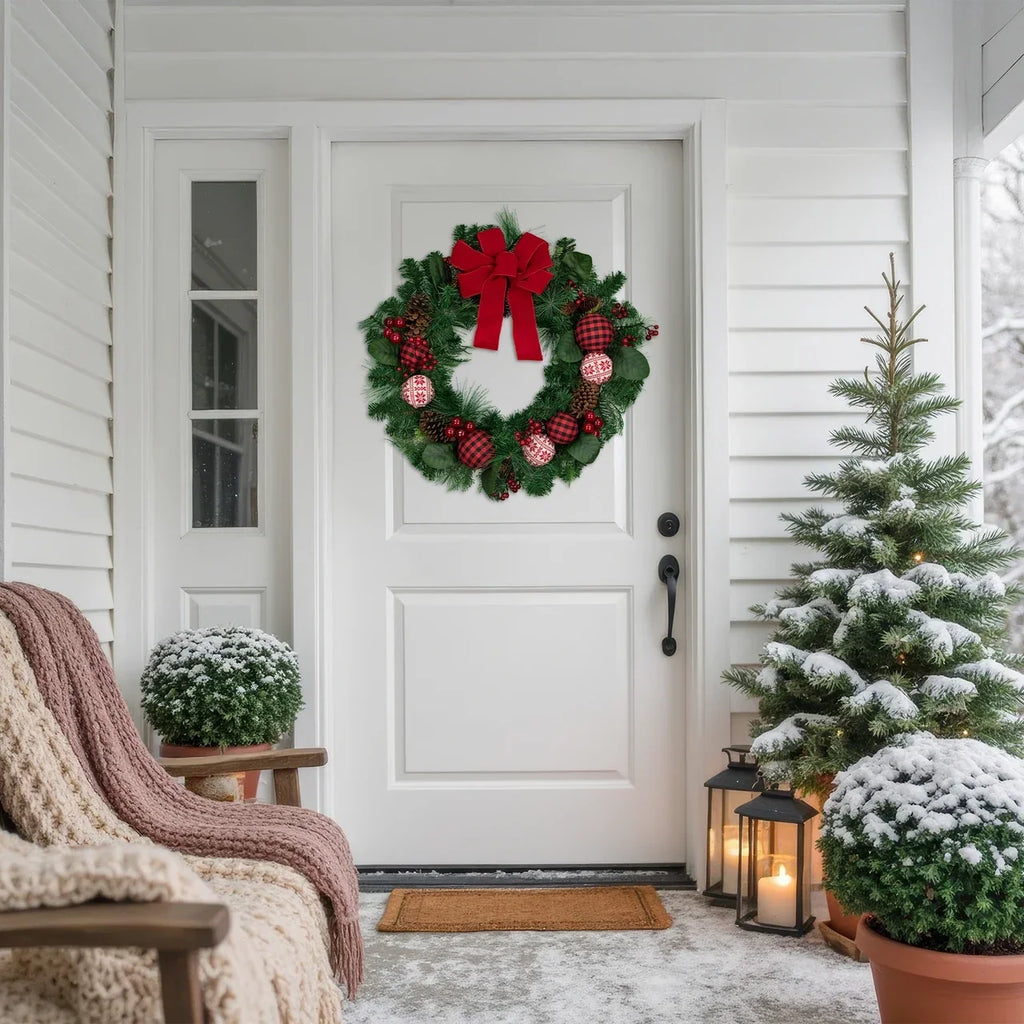 Red Bow Christmas Wreath with Plaid and Snowflake Ornaments 30 Inch Unlit