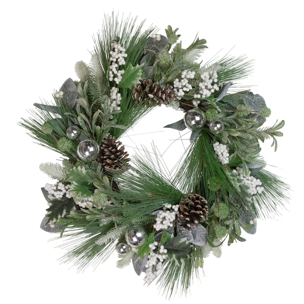 Winter Wreath with Frosted Pine Branches and Silver Ornaments, 24 Inch All Vera Mart