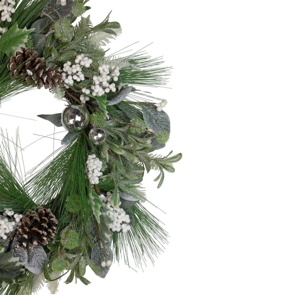 Winter Wreath with Frosted Pine Branches and Silver Ornaments, 24 Inch All Vera Mart