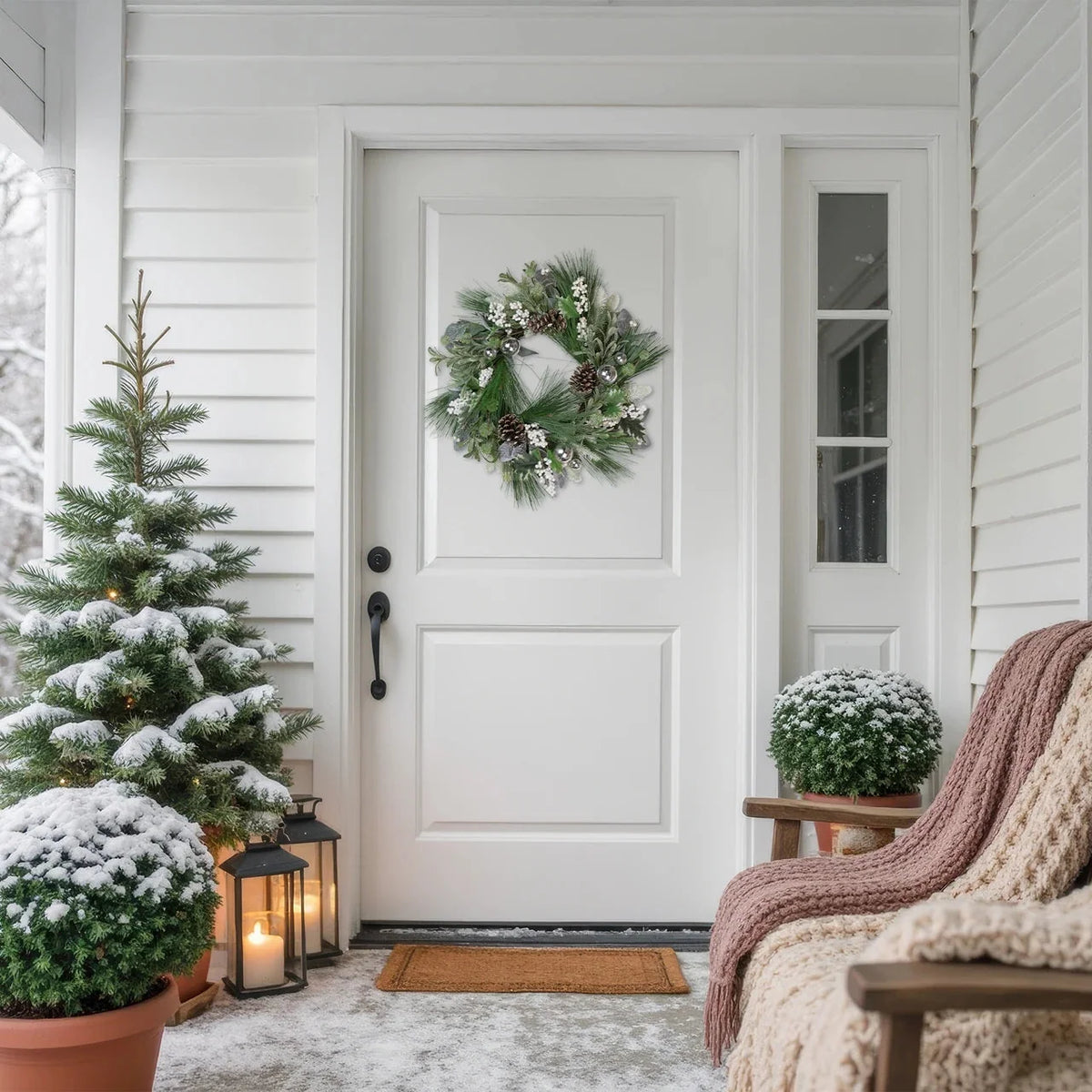 Winter Wreath with Frosted Pine Branches and Silver Ornaments, 24 Inch All Vera Mart