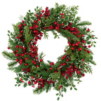 Mixed Pine and Cedar Christmas Wreath with Red Berries and Holly 30 Inch Unlit