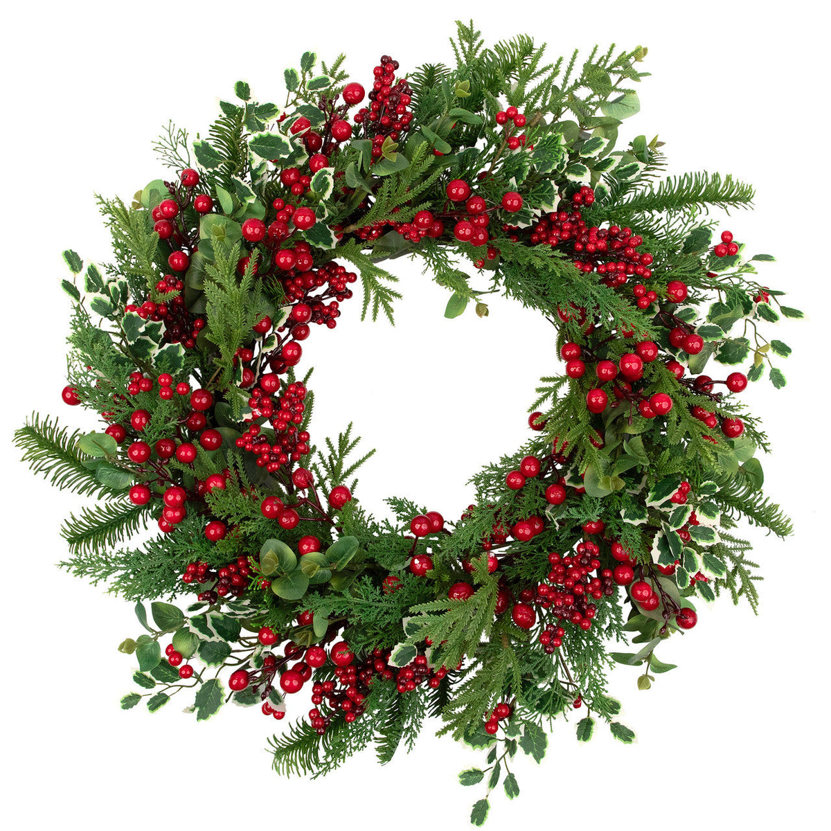 Mixed Pine and Cedar Christmas Wreath with Red Berries and Holly 30 Inch Unlit