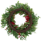 Mixed Pine and Cedar Christmas Wreath with Red Berries and Holly 30 Inch Unlit