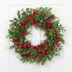Mixed Pine and Cedar Christmas Wreath with Red Berries and Holly 30 Inch Unlit