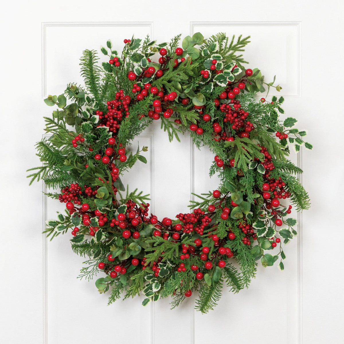 Mixed Pine and Cedar Christmas Wreath with Red Berries and Holly 30 Inch Unlit