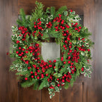 Mixed Pine and Cedar Christmas Wreath with Red Berries and Holly 30 Inch Unlit
