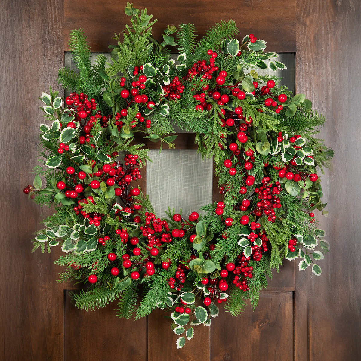 Mixed Pine and Cedar Christmas Wreath with Red Berries and Holly 30 Inch Unlit