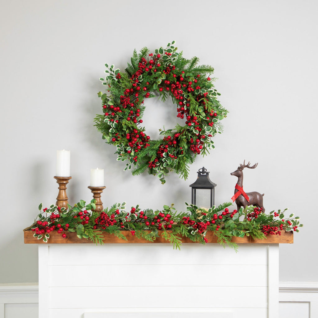 Mixed Pine and Cedar Christmas Wreath with Red Berries and Holly 30 Inch Unlit