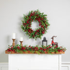 Mixed Pine and Cedar Christmas Wreath with Red Berries and Holly 30 Inch Unlit