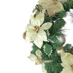 Pre Decorated Holiday Wreath 24 Inch with Gold Ornaments and Red Poinsettias, Pinecones All Vera Mart