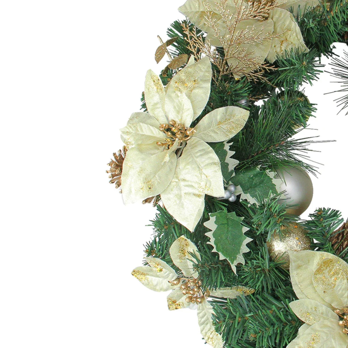 Pre Decorated Holiday Wreath 24 Inch with Gold Ornaments and Red Poinsettias, Pinecones All Vera Mart