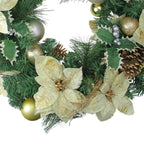 Pre Decorated Holiday Wreath 24 Inch with Gold Ornaments and Red Poinsettias, Pinecones All Vera Mart