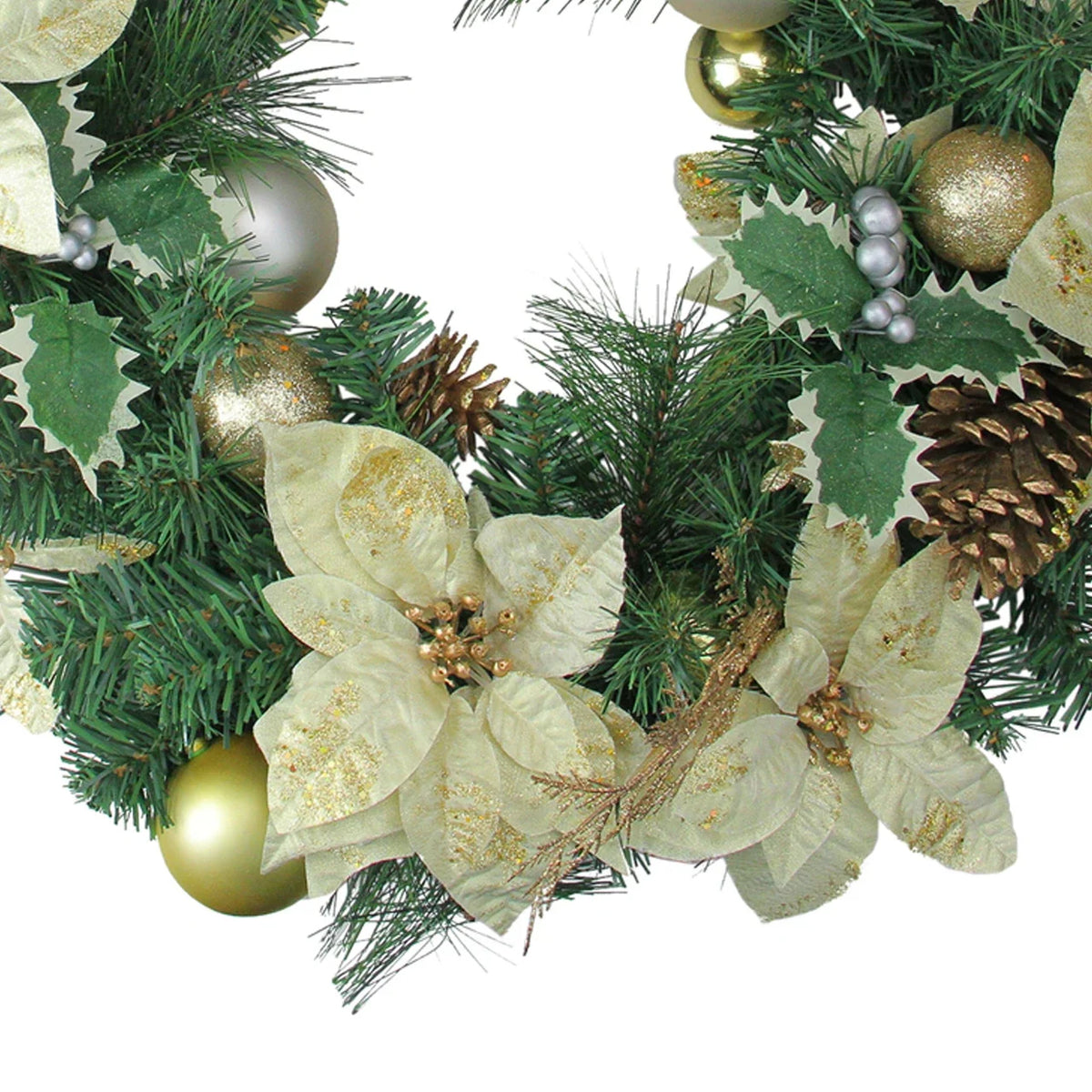 Pre Decorated Holiday Wreath 24 Inch with Gold Ornaments and Red Poinsettias, Pinecones All Vera Mart