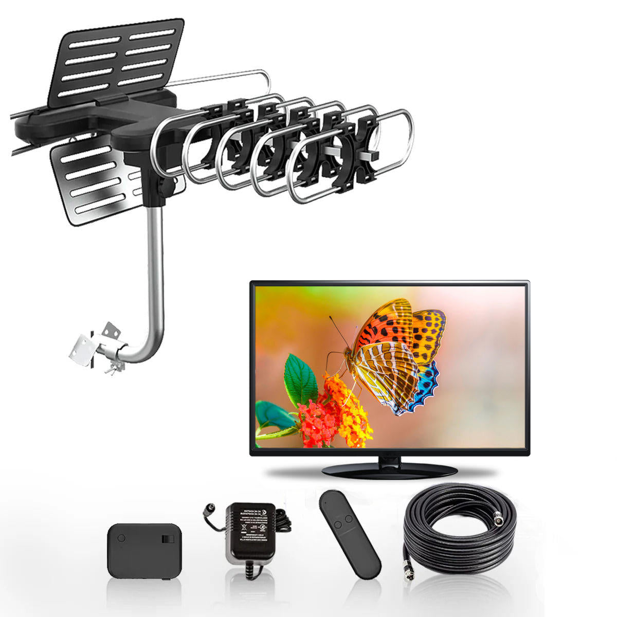 HD TV Antenna with 360 Degree Motorized Rotation and Signal Amplifier, 33ft Cable All Vera Mart