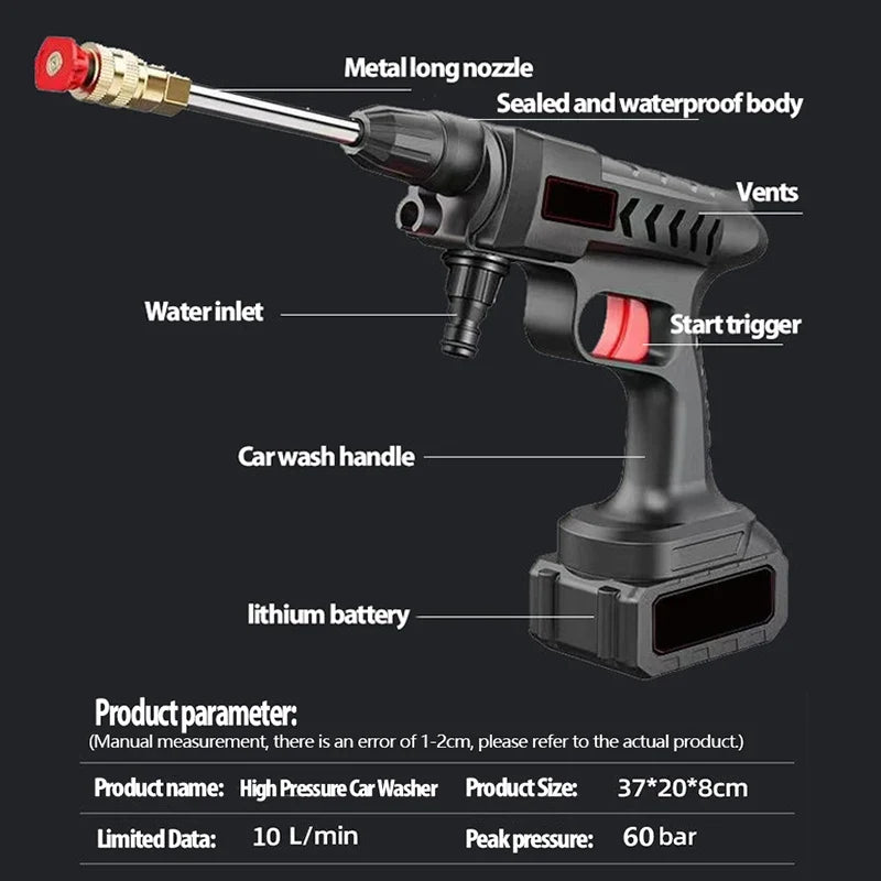 Cordless Pressure Washer with 60Bar Motor and Three Spray Nozzles, 50 Minute Runtime All Vera Mart